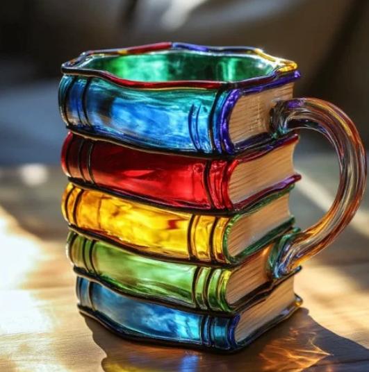 Taza Artesanal Colorida con Tema de Libros